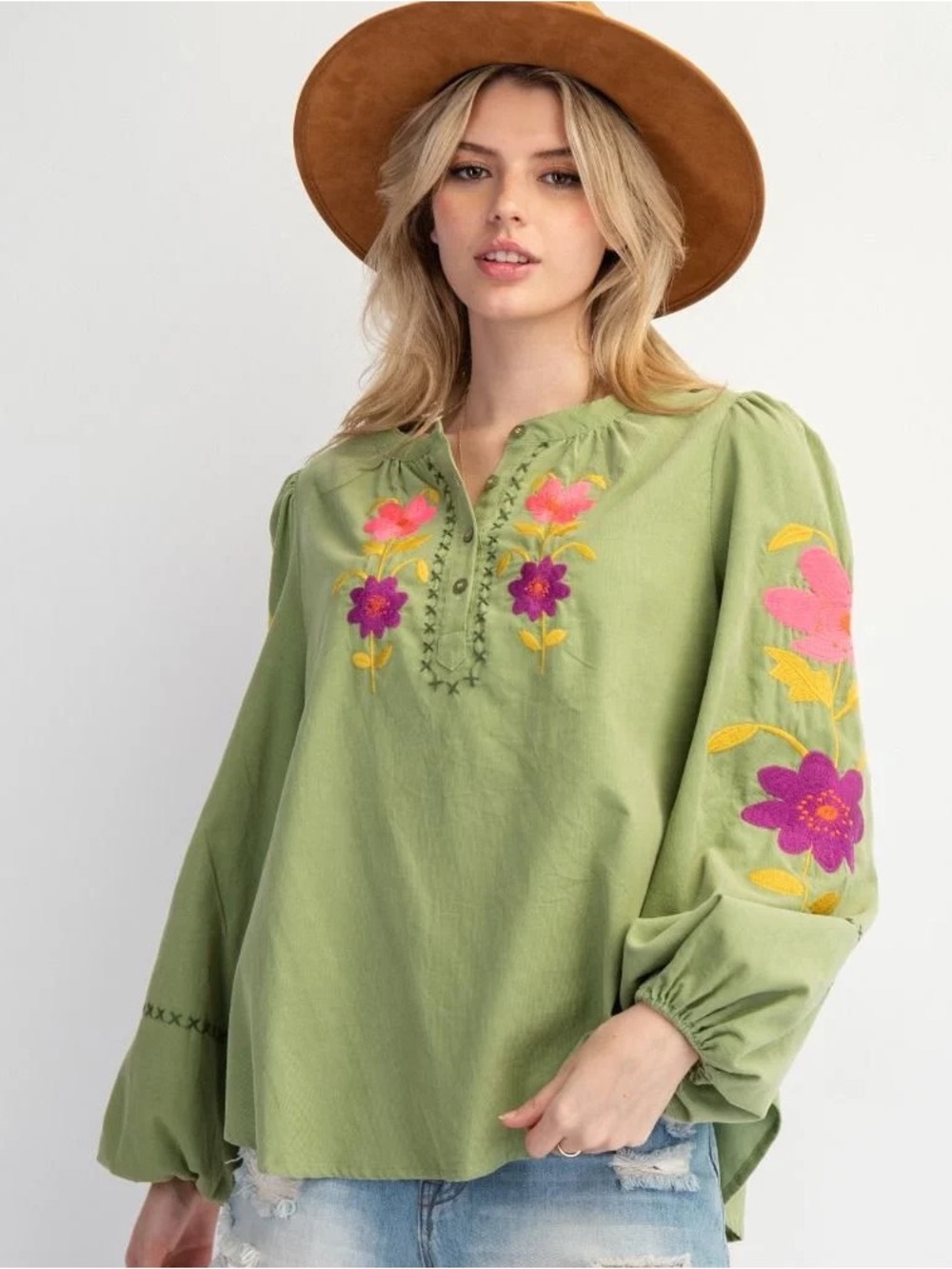 Easel Embroidered Micro Corduroy Blouse